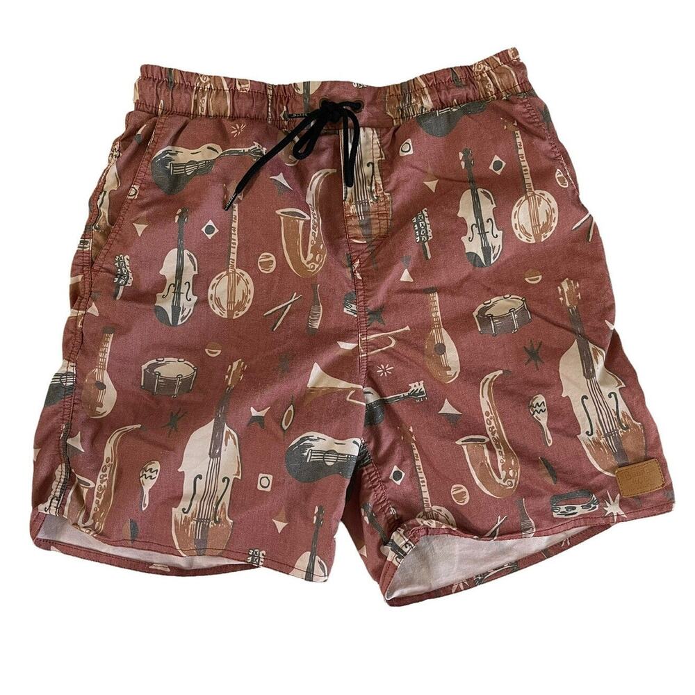 Brixton Board Shorts Mens Small Rust Musical Instruments Theme Surfer Swim #7337
